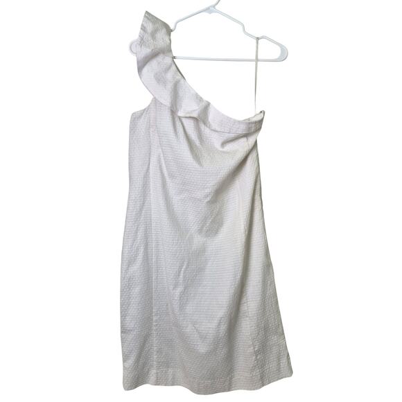 Ann Taylor Dress Size 8 Cream One Shoulder Shift Ruffle Lined Summer NWT - Picture 1 of 8